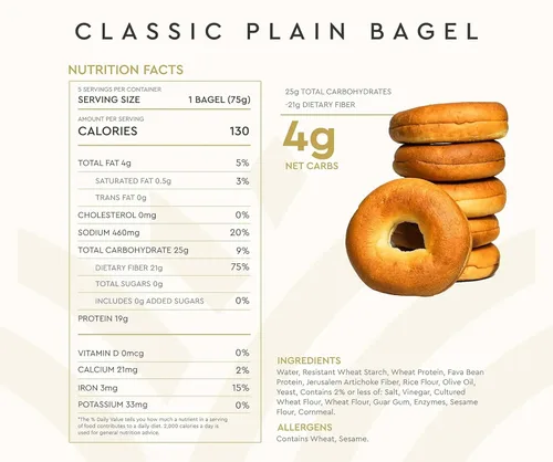 Miniatura 2 de Hero Classic Plain Bagel - 4 g de carbohidratos netos, 19 g de proteína, alta fibra, 130 calorías por porción (10 bagels, 2 paquetes de 5)