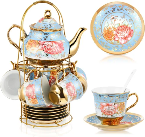 Miniatura 24 de Zhehao Juego de té de porcelana de 20 piezas con soporte de metal y cuchara para adultos, juego de té de cerámica para adultos, pintura de flores