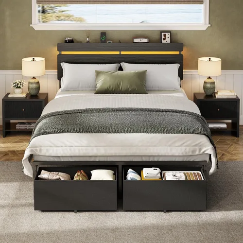 Miniatura 4 de Forestell Marco de cama tamaño completo con cabecera de madera, cama plataforma negra con 2 cajones de almacenamiento y estante, estación de carga