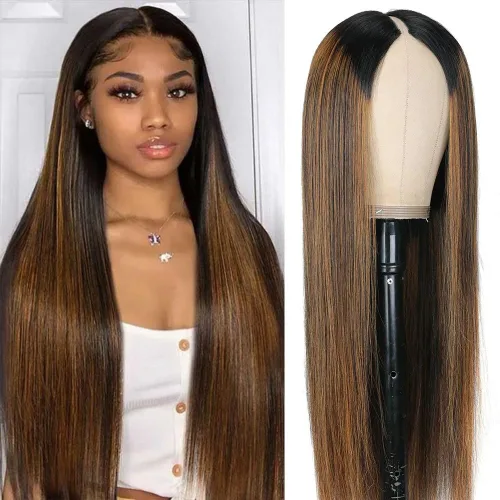Pelucas Ombre con Reflejos Parte en V Cabello Humano Liso Pelucas de Cabello Humano Brasileño Pelucas Parte en U Mejoradas Densidad 180% Media