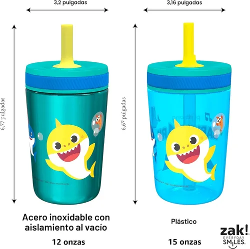 Miniatura 8 de Zak Designs Baby Shark Kelso - Juego de vasos con tapa de rosca a prueba de fugas con pajilla, paquete para niños, incluye vasos de plástico y acero