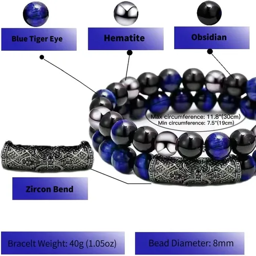 Miniatura 22 de 2Pcs Triple Protection Bracelet,Natural Tigers Eye Black Obsidian and Hematite 8 MM Beads Bracelet for Men Women Gift, Healing Crystal Bracelet
