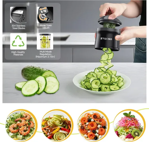 Miniatura 2 de Cortador espiralizador de verduras 4 en 1, grosor ajustable de 0.000-0.118 in, espiralizador de calabacín para preparar fideos vegetarianos