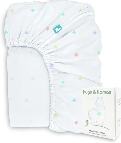 Hugs & Llamas | Sábana bajera ajustable de muselina de algodón 100% orgánico | Sábanas de cuna premium para niños y niñas | Sábanas orgánicas para