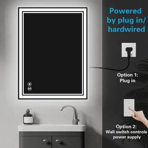 Miniatura 8 de Paquete de 2 espejos de baño de 24 x 36 pulgadas con luces LED regulables de 3 colores, espejo LED sin niebla para tocador de baño, espejo con luces