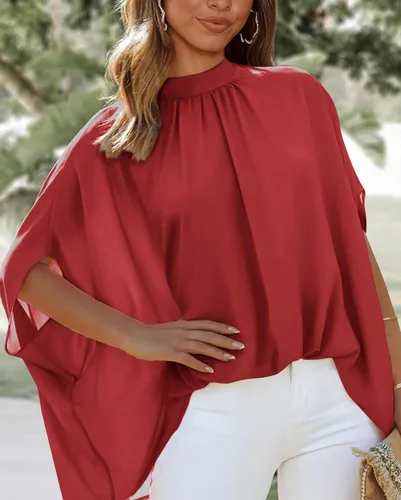 Miniatura 20 de BTFBM Blusas de verano para mujer, cuello alto falso, manga murciélago, holgadas, dobladillo alto y bajo, blusas informales de gran