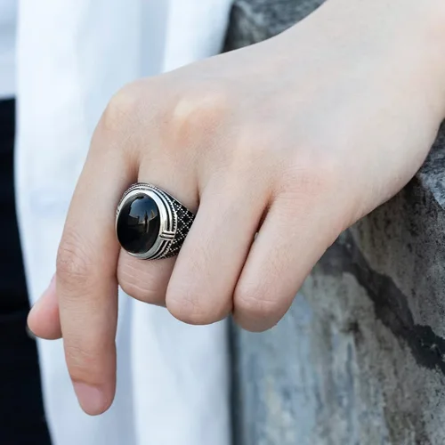 Miniatura 6 de SKOOMEN Anillo de plata de ónix negro para hombre, anillo ovalado grande con caja de joyería, joyería fina para hombre con piedras preciosas
