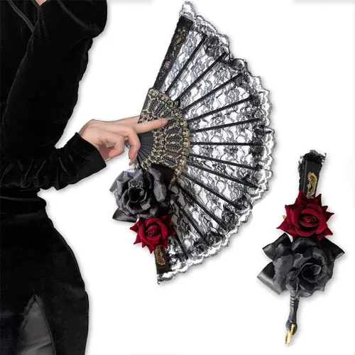 Abanico de mano negro de Halloween de encaje rosa de mano, vintage retro flor española, gran abanico plegable para mujeres, regalo de baile de