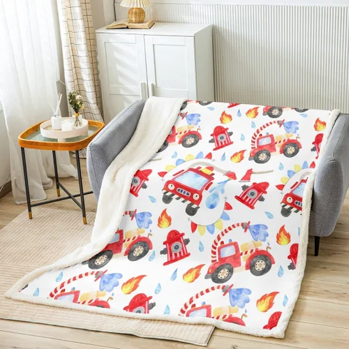 Manta de vellón con camión de bomberos para niños, manta de felpa de coche de dibujos animados para cama, sofá, sofá, bombero, manta sherpa