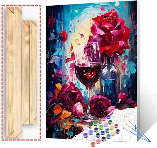 Miniatura 11 de Pintura de fiesta de vino tinto por números para adultos principiantes, vino vintage en vidrio, pintura por números, pintura acrílica, lienzo