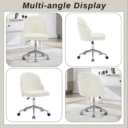 Miniatura 8 de Silla de escritorio de piel sintética, cómoda silla de maquillaje de felpa, moderna silla giratoria tapizada esponjosa con ruedas, base de metal