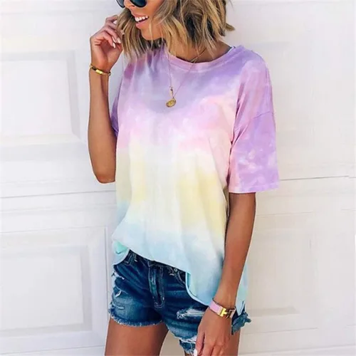Miniatura 5 de Tie-Dye Camisas Mujer Fashio Camiseta Manga Corta Tops Cuello Redondo Camiseta suelta Túnica Esconder el vientre básico