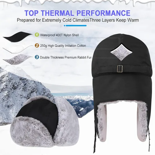 Miniatura 2 de POL PARKMAN Sombrero de trampero de invierno para hombres y mujeres, sombrero de aviador ruso Ushanka cálido frío para esquí, caza, negro, Negro
