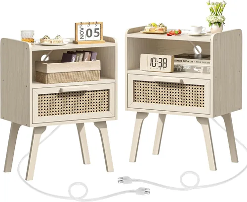 Miniatura 13 de Lerliuo Mesita de noche de ratán con estación de carga, Mesa auxiliar bohemia con cajón y estante abierto, Mesa auxiliar con acento de caña