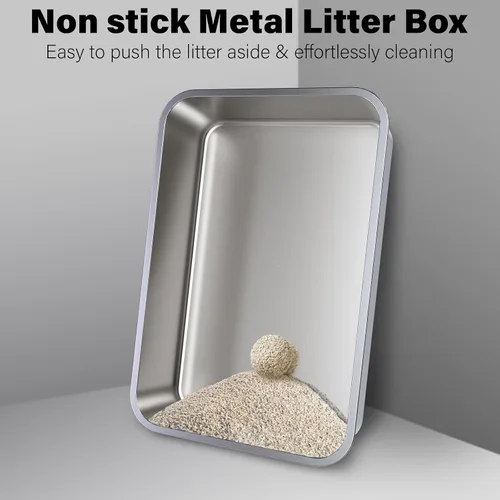 Miniatura 2 de Caja de arena de acero inoxidable, paquete de 2 cajas de arena de metal para gatos, caja de arena XL de acero inoxidable para gatos de 17.7 x 13.8 x