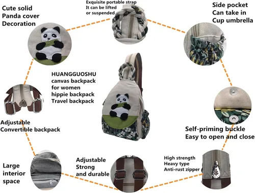 Miniatura 30 de HUANGGUOSHU Mochila de algodón tejida de algodón bohemio con bordado de lona estilo bohemio con múltiples bolsillos retro linda mochila cartera