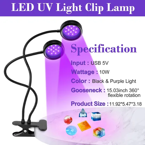 Miniatura 3 de inShareplus Luz de doble cabeza UV regulable de 395 nm ~ 405 nm con USB, luces de resina de abrazadera negra UV portátil de 10 W, lámpara de curado