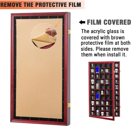Miniatura 5 de Vitrina para Vasos de Chupito, Gabinete Grande de Madera, Soporte Montado en Pared, Caja de Sombra de Caoba con Cerradura y Protección UV, Puerta