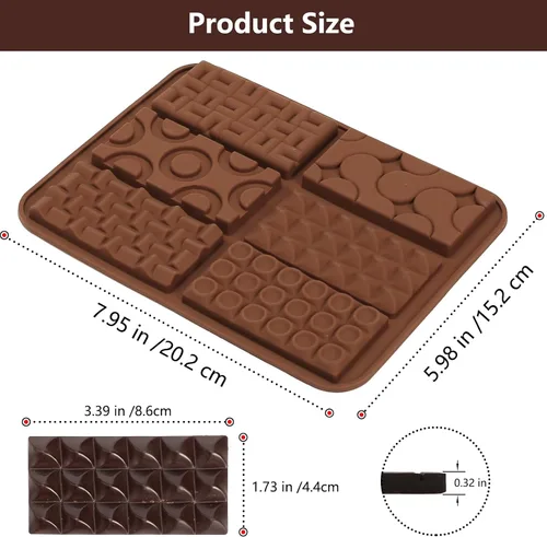 Miniatura 2 de Molde de barra de chocolate de silicona con 6 patrones, 2 moldes de chocolate de 0.3 pulgadas de profundidad para barra de proteínas y energía