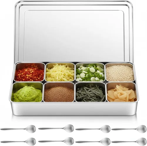 Miniatura 8 de Boao Sartenes Yakumi 304 de Acero Inoxidable Recipiente para Condimentos y Sazonadores con Tapas y Cucharas, Sartenes Japonesas Yakumi Mini