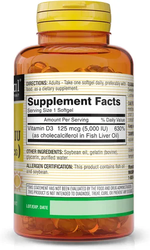 Miniatura 2 de MASON NATURAL Vitamina D3 125 mcg (5000 UI) - Apoya la salud general, fortalece los huesos y los músculos, del aceite de hígado de pescado, 50