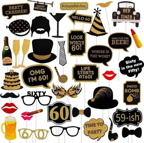 Accesorios para cabina de fotos de cumpleaños 60 – 41 piezas de decoraciones de fiesta de cumpleaños negro y dorado para hombres y mujeres,