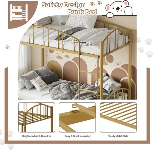 Miniatura 5 de GarveeHome Litera de metal individual sobre matrimonial, marco de literas resistente con barandilla arqueada y escalera de seguridad, cama de acero