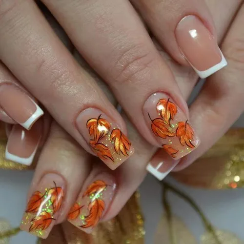 Miniatura 11 de Uñas postizas a presión de otoño, uñas postizas cortas cuadradas de MABKJLF con diseños de hojas de arce, pegamento brillante en uñas, uñas