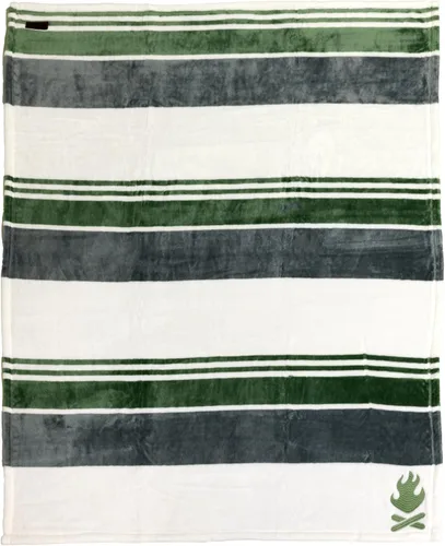 Miniatura 2 de Pavilion Gift Company - Manta de 50" x 60" a rayas verde, blanco y gris con bordado de hoguera, felpa real suave, regalo para amantes del camping