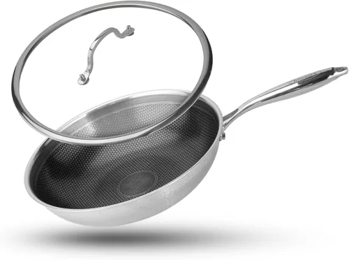 Wok híbrido de 13 pulgadas con tapa, woks de acero inoxidable y sartenes antiadherentes, sin PFOA, apto para lavavajillas y horno, compatible con