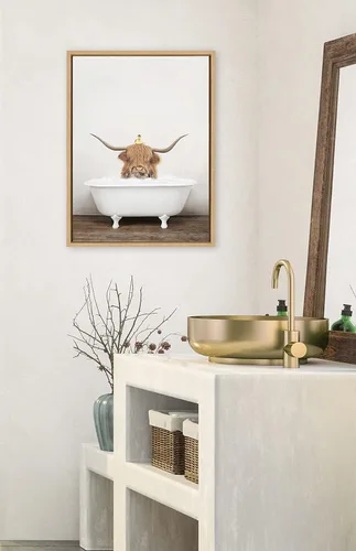 Miniatura 3 de Kate and Laurel Sylvie Highland Cow and Duckling in Rustic Bath - Lienzo enmarcado para pared por Amy Peterson Art Studio; 18 x 24 pulgadas, Natural