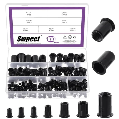 Swpeet Kit de 180 tuercas remachadoras de 7 tamaños, UNC 5/32"-32#8-32" #10-24" 1/4"-20 5/16"-18 3/8"-16 1/2"-13, tuerca remachadora de acero al