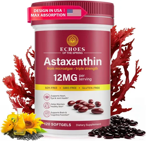 Astaxantina 12 mg – Astaxantina natural de Haematococcus Pluvialis, suplemento antioxidante de triple fuerza para apoyo de ojos, piel,