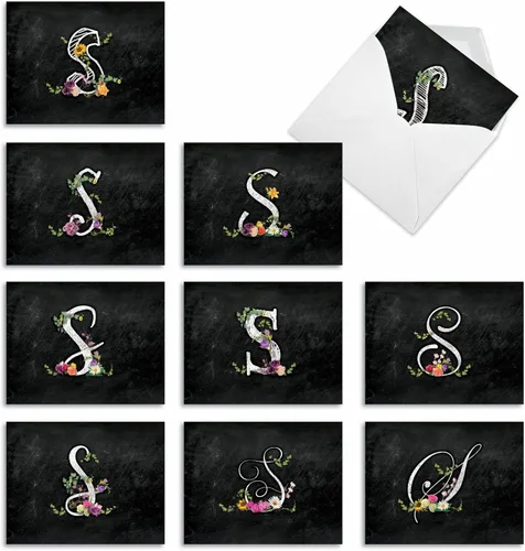 The Best Card Company - 10 tarjetas de notas en blanco surtidas de letra S inicial, papelería personal con monograma floral con sobres a granel de 4