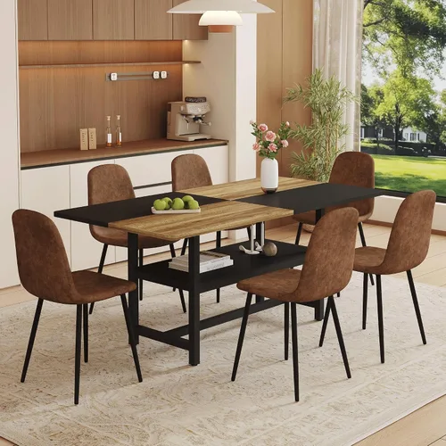 Miniatura 28 de Juego de mesa de comedor de 71 pulgadas para 6 personas con estante de almacenamiento, juego de mesa de comedor rectangular industrial moderna