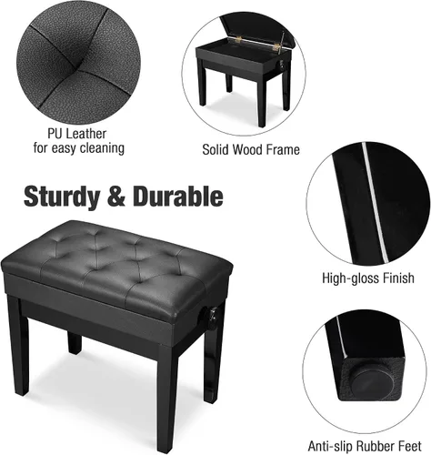 Miniatura 6 de AW Banco de piano ajustable con almacenamiento, taburete de teclado de madera negra, asiento de cuero, silla Paino para piano, tienda de música