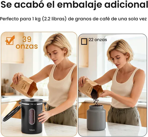 Miniatura 3 de Veken Recipiente de café grande con ventana, recipiente hermético de acero inoxidable para almacenamiento de alimentos de cocina para granos de café