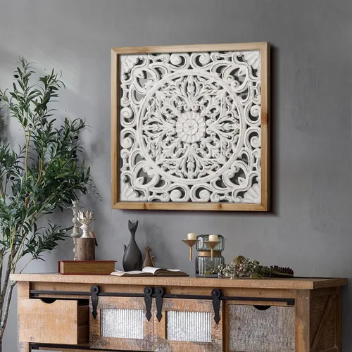 Miniatura 13 de XIAOAIKA Escultura de pared de madera tallada bohemia, intrincado diseño floral de mandala con acabado marrón envejecido, panel de arte de pared