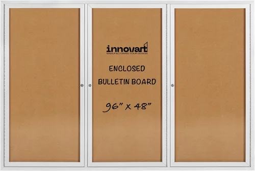 INNOVART Tablero de anuncios cerrado de 96 x 48 pulgadas, tablero de anuncios de corcho con cerradura con marco de aluminio, tablero de anuncios