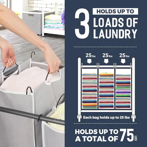 Miniatura 4 de STO STO Clasificador de ropa sucia de 3 secciones, cesta de ropa con 3 bolsas, cesta de lavandería con ruedas resistentes y bolsa extraíble para Gris