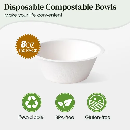 Miniatura 2 de ECOLipak Paquete de 150 cuencos de papel compostables, 8 onzas, desechables, biodegradables, resistentes, hechos de bagazo natural, adecuados