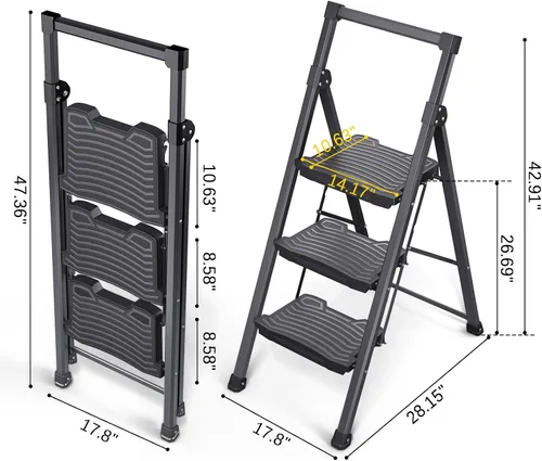 Miniatura 5 de KINGRACK Escalera plegable de 3 escalones, escalera de 3 peldaños de 900 libras con pedal ancho antideslizante y pasamanos, escalera ligera