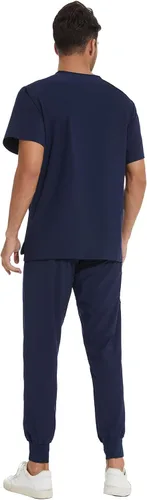 Miniatura 2 de COZYFIT Conjunto de ropa quirúrgica para hombre camiseta elástica con cuello en V y pantalón deportivo con 8 bolsillos, cintura de yoga, ropa