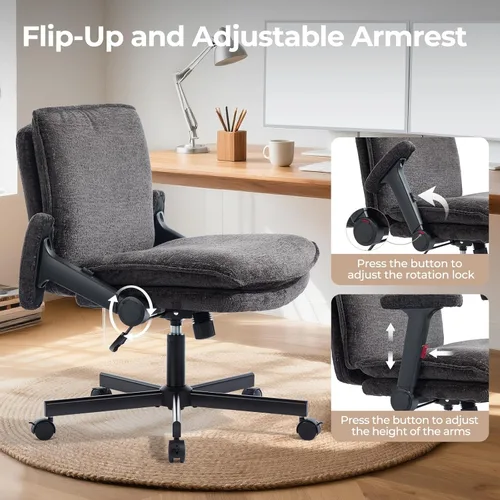 Miniatura 3 de Silla Cruzada con Brazos Abatibles y Ruedas con Bloqueo, Silla de Escritorio de Oficina de Tela de Felpa con Patas Cruzadas, Silla Giratoria de Negro