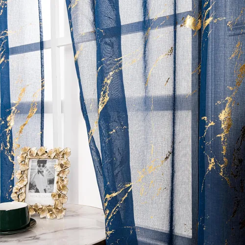 Miniatura 10 de Cortinas Transparentes Beige con Estampado de Lámina de Mármol Dorado de 63 Pulgadas de Largo para Cuarto de Bebé, Paneles de Ventana con Bolsillo