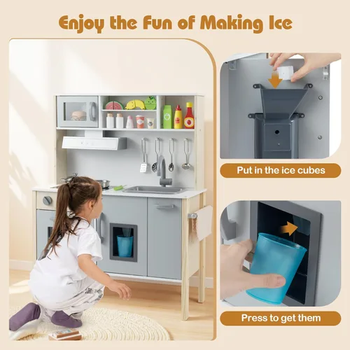 Miniatura 3 de HONEY JOY Juego de cocina para niños, cocina de madera para niños pequeños, microondas, campana extractora, máquina de hielo, 18 accesorios de Gris