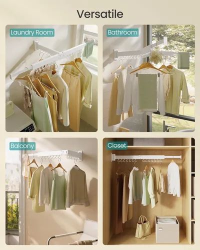 Miniatura 3 de SONGMICS Tendedero para Secar Ropa, Tendedero de Lavandería Montado en la Pared, Extensible, Brazos Plegables, con 21 Ganchos Deslizantes Blanco Nube