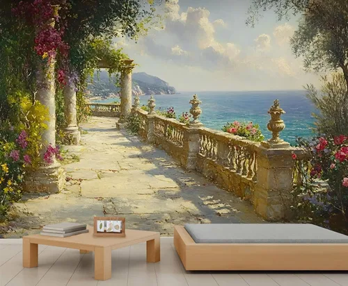 Miniatura 22 de Papel tapiz 3D de bicicleta rosa vintage, murales de flores de paisaje de primavera para sala de estar, pintura al óleo, papel tapiz rústico