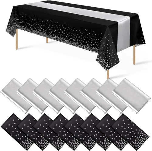 Miniatura 9 de 16 paquetes de manteles de plástico desechables y juego de camino de mesa de satén negro dorado con puntos dorados para graduación, boda
