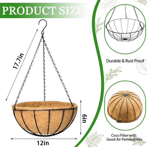 Miniatura 6 de Macetas colgantes para plantas de exterior, paquete de 4 cestas colgantes de metal de 12 pulgadas con forro de fibra de coco y alambre para plantas